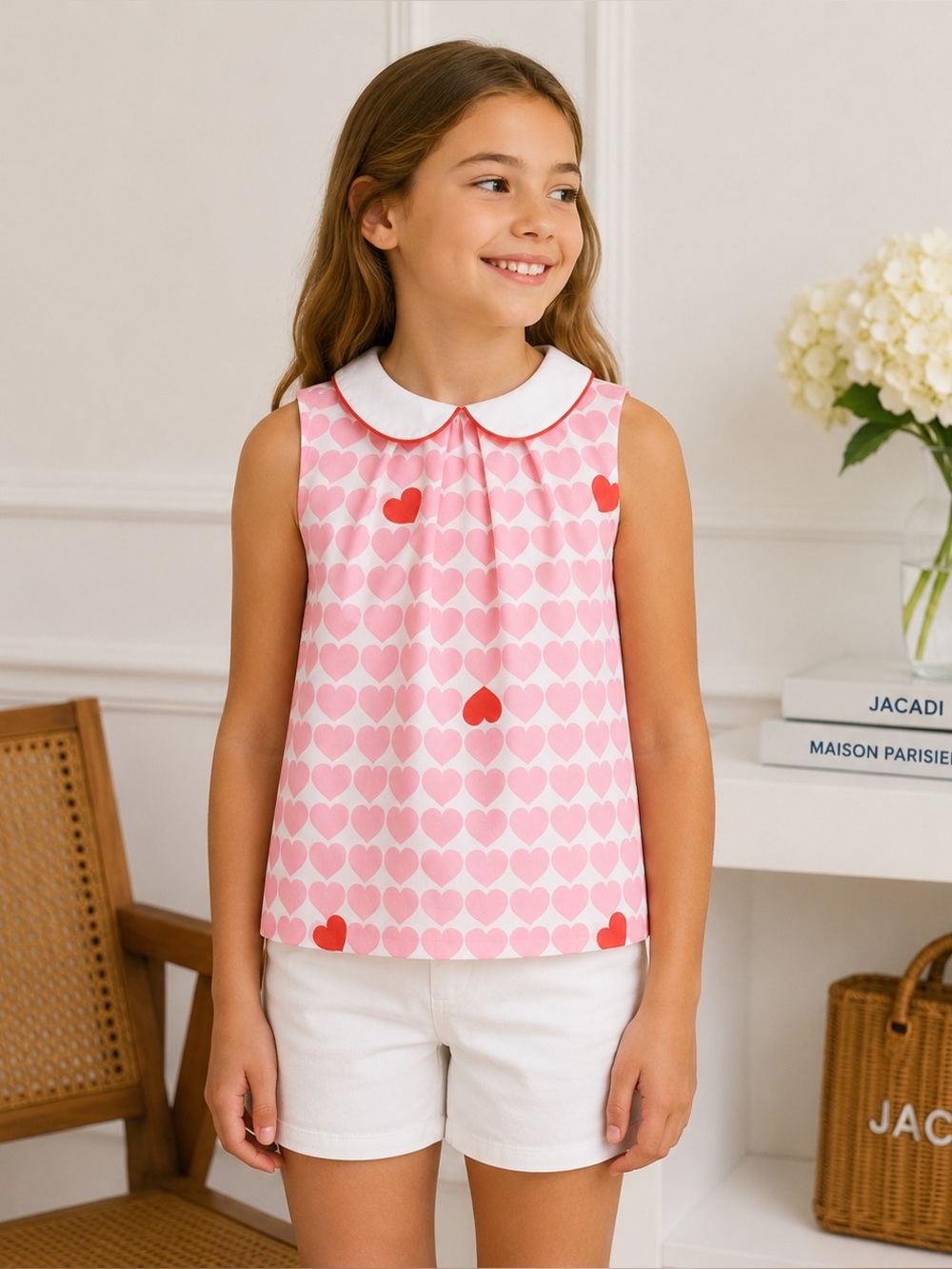 Jacadi Heart Print Sleeveless Peter Pan Collar Top Girls Size 8–10 Like New ❤️